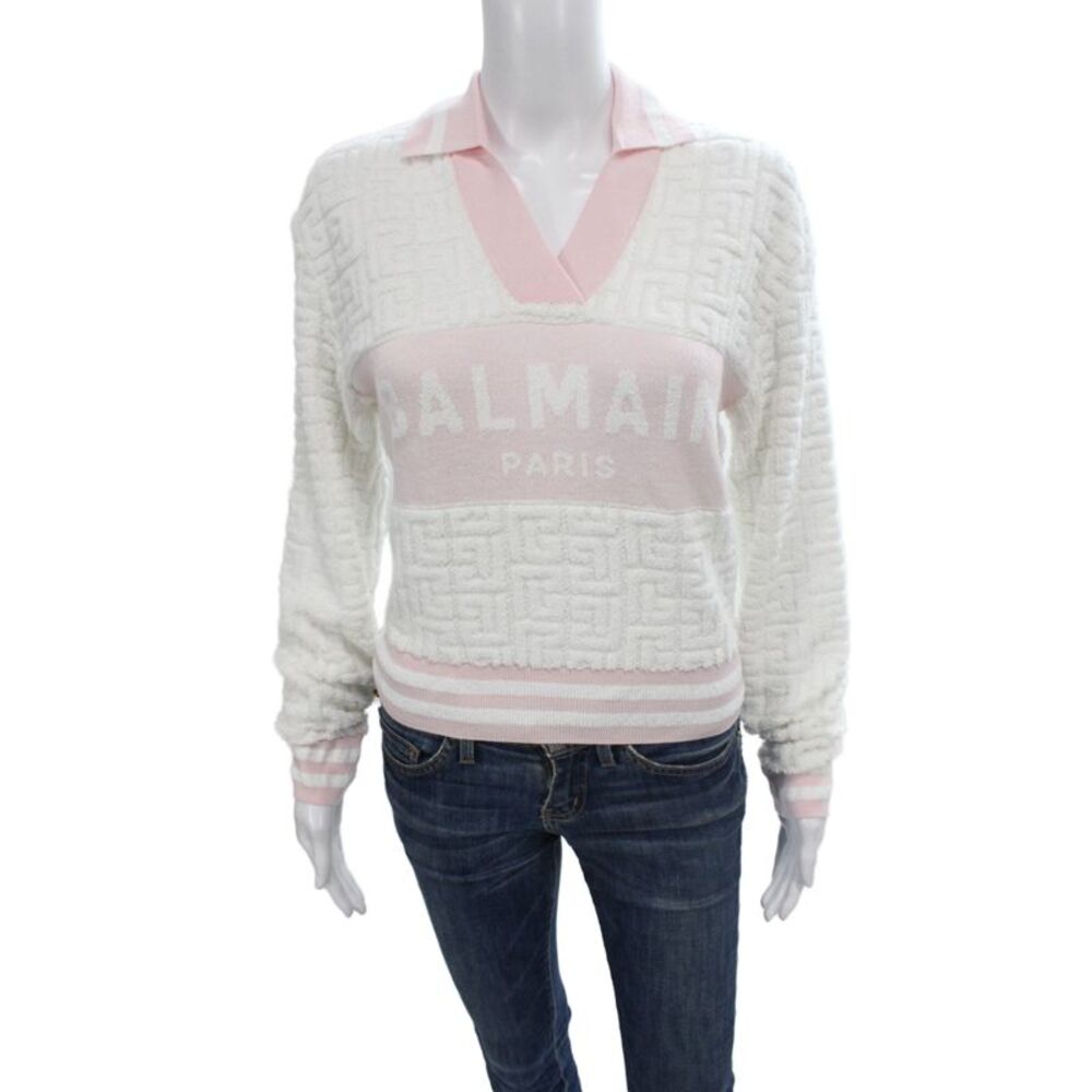 Balmain Unisex Collared Long Sleeve Pullover Geometric White Sweater Size 36